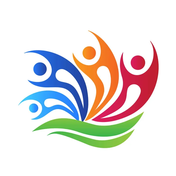 Logo Feliz Swooshes Trabalho Equipe Pessoas Flor Logotipo Vetor Ilustração — Vetor de Stock