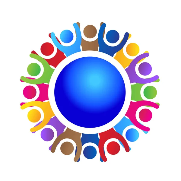 Λογότυπο Ευτυχισμένη Και Επιτυχημένη Ομαδική Εργασία Ανθρώπους Γύρω Κόσμο Κάρτα — Διανυσματικό Αρχείο
