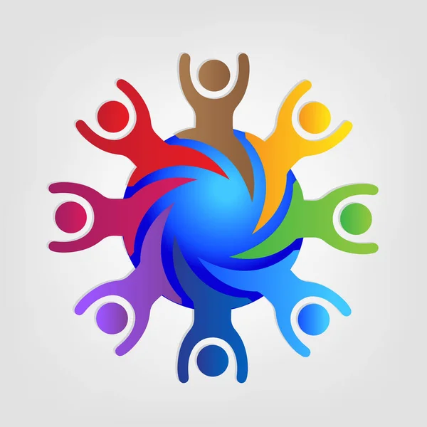 Logo Gelukkig Succesvol Teamwork Mensen Rond Wereld Identiteitskaart Vector — Stockvector