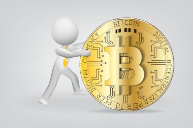 Altın bitcoin görüntü 3D beyaz adam insanlarla tasarım vektör