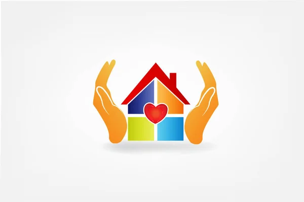 Logo Mains Protégeant Une Maison Avec Une Icône Amour Coeur — Image vectorielle