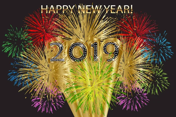 2019 Happy New Year Fireworks Background — Stock Vector