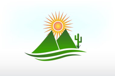 Dağlar, Güneş, yol ve kaktüs logo vektör tasarımı