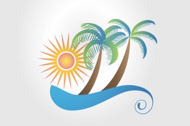 Dalgalar güneş, ağaçlar logo. Tropikal iklim simge vektör ile tatil kavramı