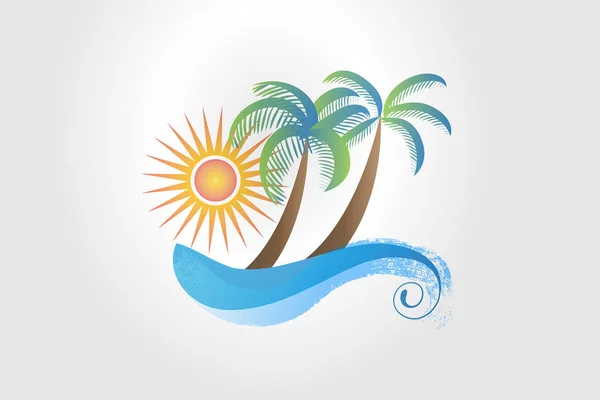 标志夏天热带棕榈树太阳和波浪水彩画 — 图库矢量图片