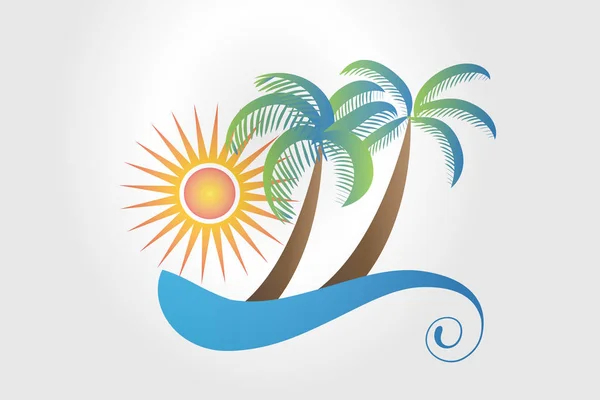 Zon Golven Bomen Logo Concept Van Vakantie Met Tropisch Klimaat — Stockvector