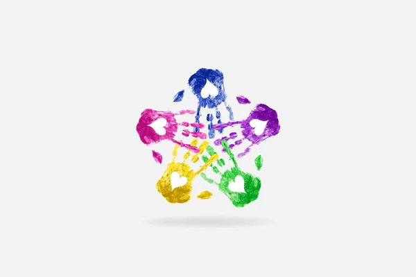 チームワーク愛ハンド プリント水彩ロゴのアイコン — ストックベクタ