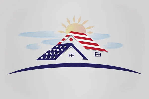 Casas Patrióticas Con Bandera Sol Nubes Logotipo — Vector de stock