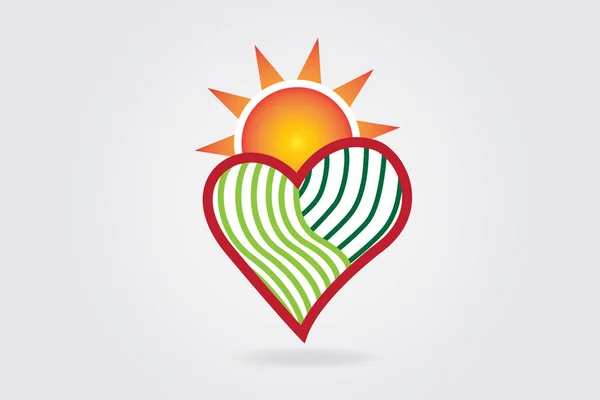 Logo Soleil Vert Agriculture Amour Forme Coeur — Image vectorielle