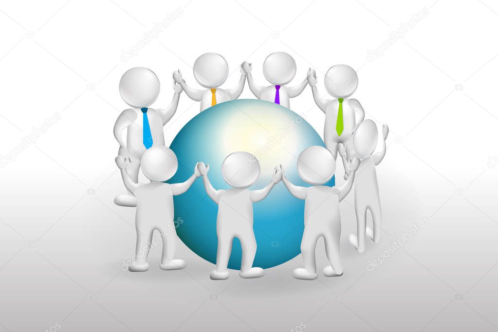 3d Small People Teamwork. Peace On The Earth Vector Logo