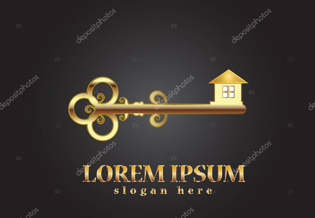 Gold vintage key house real estate vector graphic logo design