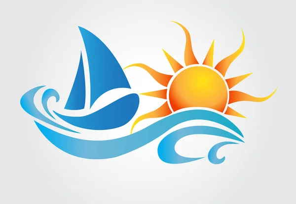 Sol e ondas barco logotipo vetor — Vetor de Stock