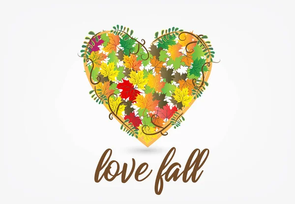 Adoro o Outono! Forma do coração de folhas coloridas caindo — Vetor de Stock