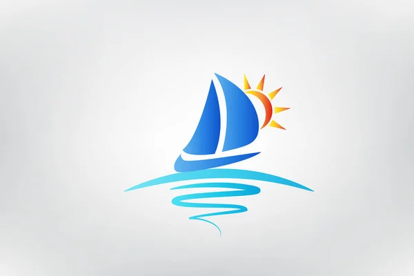 ボートの波と太陽のロゴベクトル — ストックベクタ