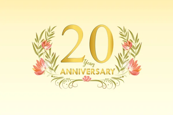 20周年記念黄金の水彩花リースイラストベクトル — ストックベクタ