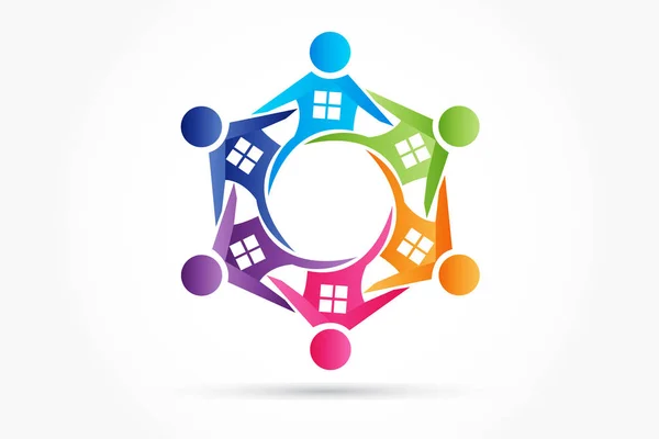 Inmobiliaria trabajo en equipo personas casas logo — Vector de stock
