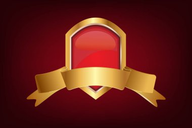 Kalkan ve Kurdele logosu. Lüks şirket marka için güzel logo tasarımı. Altın ve kırmızı illüstrasyon simgesi grafik arka plan şablonunda zarif kalkan kimlik tasarımı.