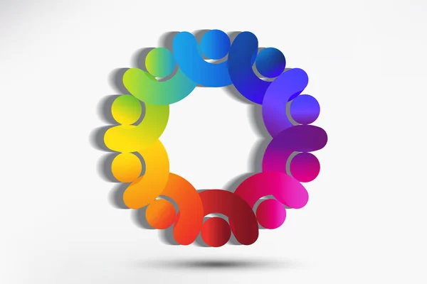 Logo trabajo en equipo personas de negocios unidad socios amistad en un abrazo multitud reunión icono arco iris color vector imagen — Vector de stock
