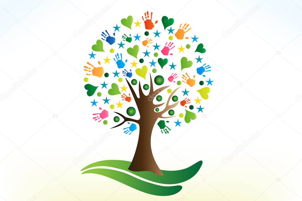 Tree hearts and hands people figures logo vector