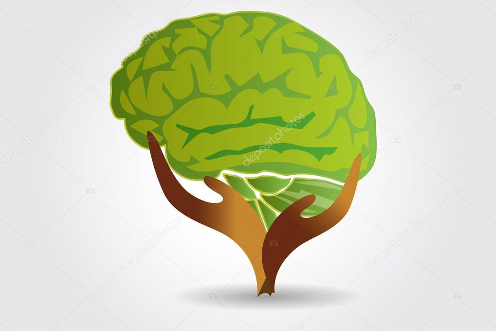 Brain in a green tree shape with care hands logo vector image design template