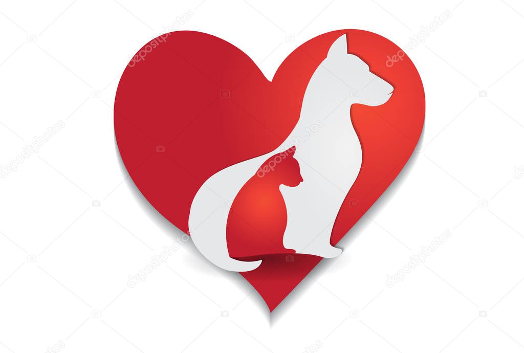 Logo Dog and cat silhouette love heart shape icon vector image web template