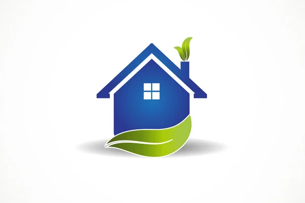 Blue House And Leaf Logo Vector — Stock Vector