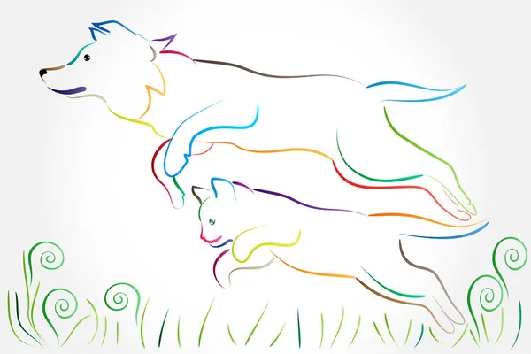 Logo köpek ve kedi çim vektör tasarımı atlama — Stok Vektör