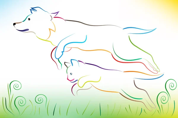 Logo köpek ve kedi çim vektör tasarımı atlama — Stok Vektör