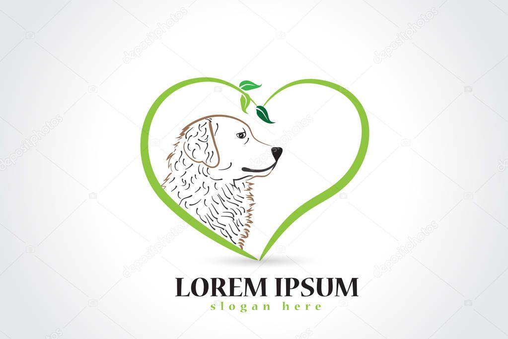 Dog icon vector logo inside of love heart leafs for your veterinary clinic business