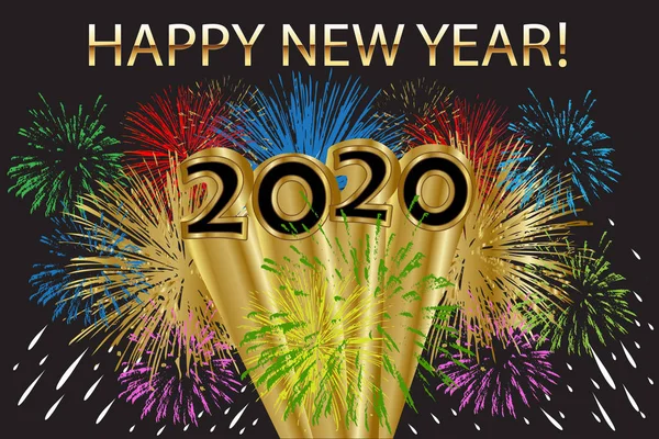 Felice anno nuovo 2020 con fuochi d'artificio sfondo celebrazione vettore — Vettoriale Stock
