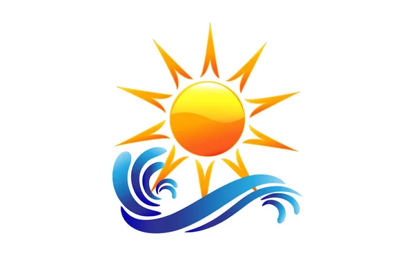 Logo sol y olas de playa remolino vector mago diseño —  Fotos de Stock