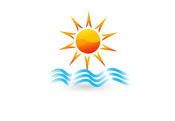 Logo azul espiral ondas praia e sol vetor imagem design —  Vetores de Stock