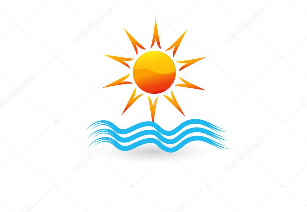 Logo blue spiral waves beach and sun vector image design