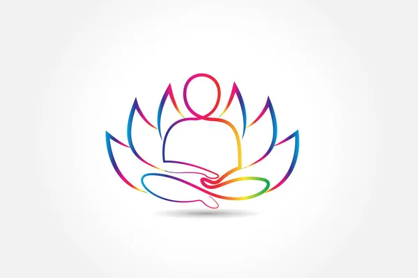 Yoga Mann Innerhalb Einer Bunten Lotusblume Linie Kunst Silhouette Symbol — Stockvektor