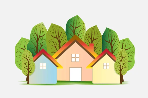 Immobilier Maisons Communautaires Avec Arbres Logo Vectoriel Illustration Web Modèle — Image vectorielle