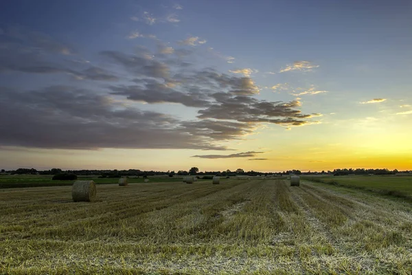 Feld Mit Heuballen Himmel Mit Wolken Nach Sonnenuntergang — Stockfoto