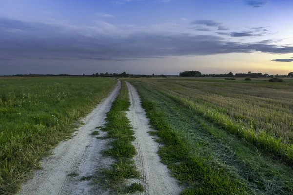 Country Road Porośnięte Trawą Przez Pola Wieczorne Chmury Zachodzie Słońca — Zdjęcie stockowe