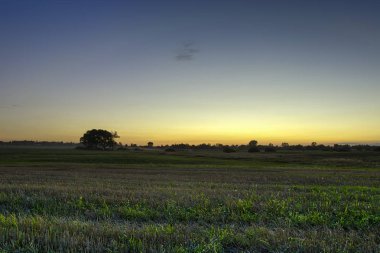 Anız alan, ufuk ve akşam gökyüzünde güneş battıktan sonra