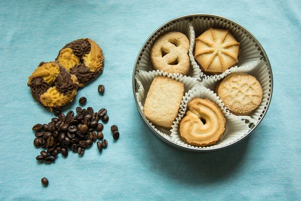 Cookies Sugar Box Two Lying Light Blue Tablecloth Coffee Beans — Stock Photo, Image