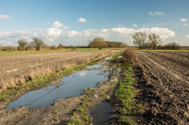 Large puddle on a dirt road through plowed fields and white clouds on a blue sky - view on a sunny day