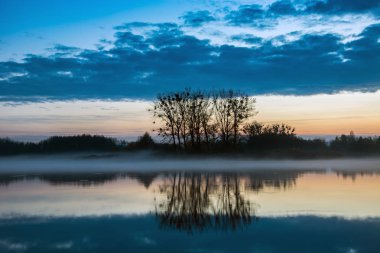 Trees on the edge of a calm lake reflecting in the water, evening fog and clouds in the sky
