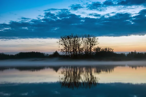 Trees Edge Calm Lake Reflecting Water Evening Fog Clouds Sky — Zdjęcie stockowe