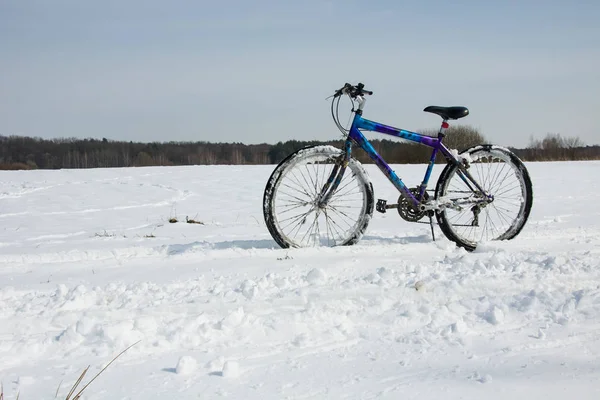 Färgglada Cykel Ett Snöigt Fält — Stockfoto