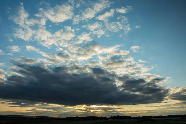 Gray evening clouds and sunbeams in the blue sky, horizon and tree