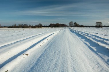 Yol ve alanları kar ve mavi gökyüzü ile kaplı