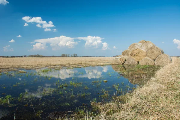 Sky reflecting in water on a meadow and bales of hay