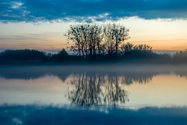 Večerní mlha nad jezerem a odraz stromů ve vodě — Stock fotografie