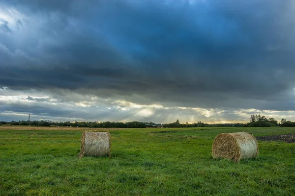 Hay bales in a meadow and dark clouds in the sky — Stock Photo, Image