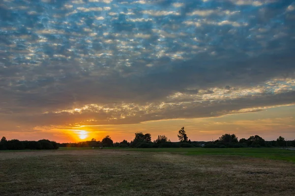 Puesta de sol y nubes sobre el prado — Foto de Stock