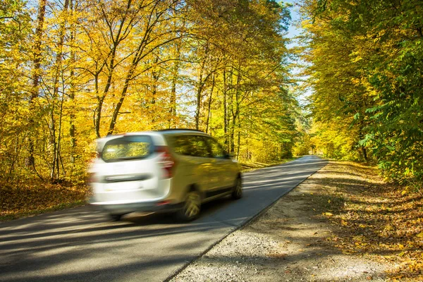 Bulanık efektli hızlı bir araba, sarı ağaçlar ve yol manzarası